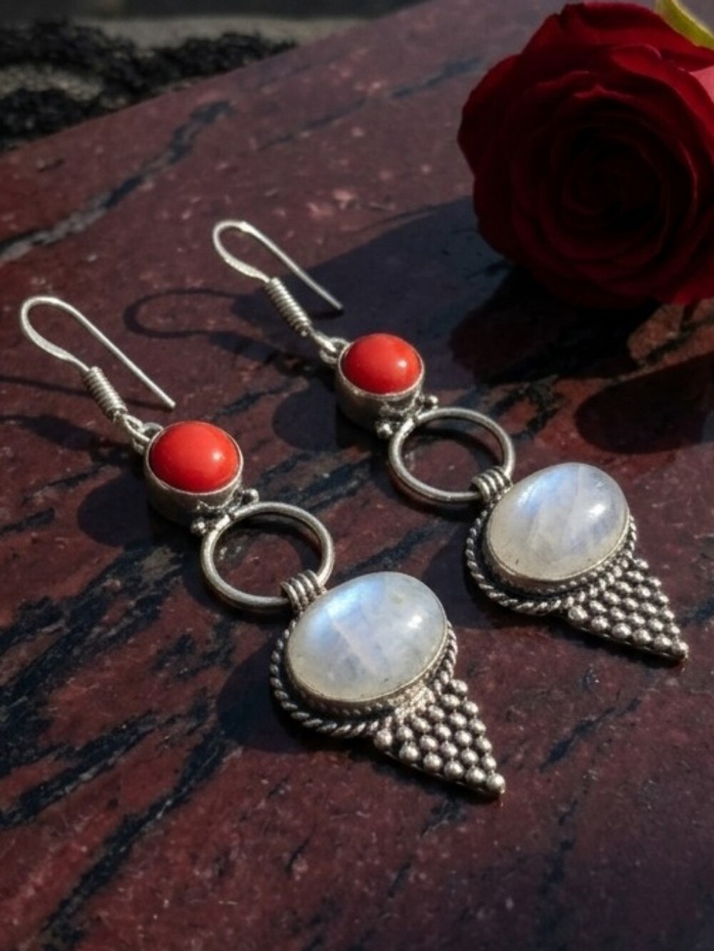 925 Sterling Silver Whimsigoth Moonstone and Red Coral Drop Earrings 2.5" - Picture 6 of 16